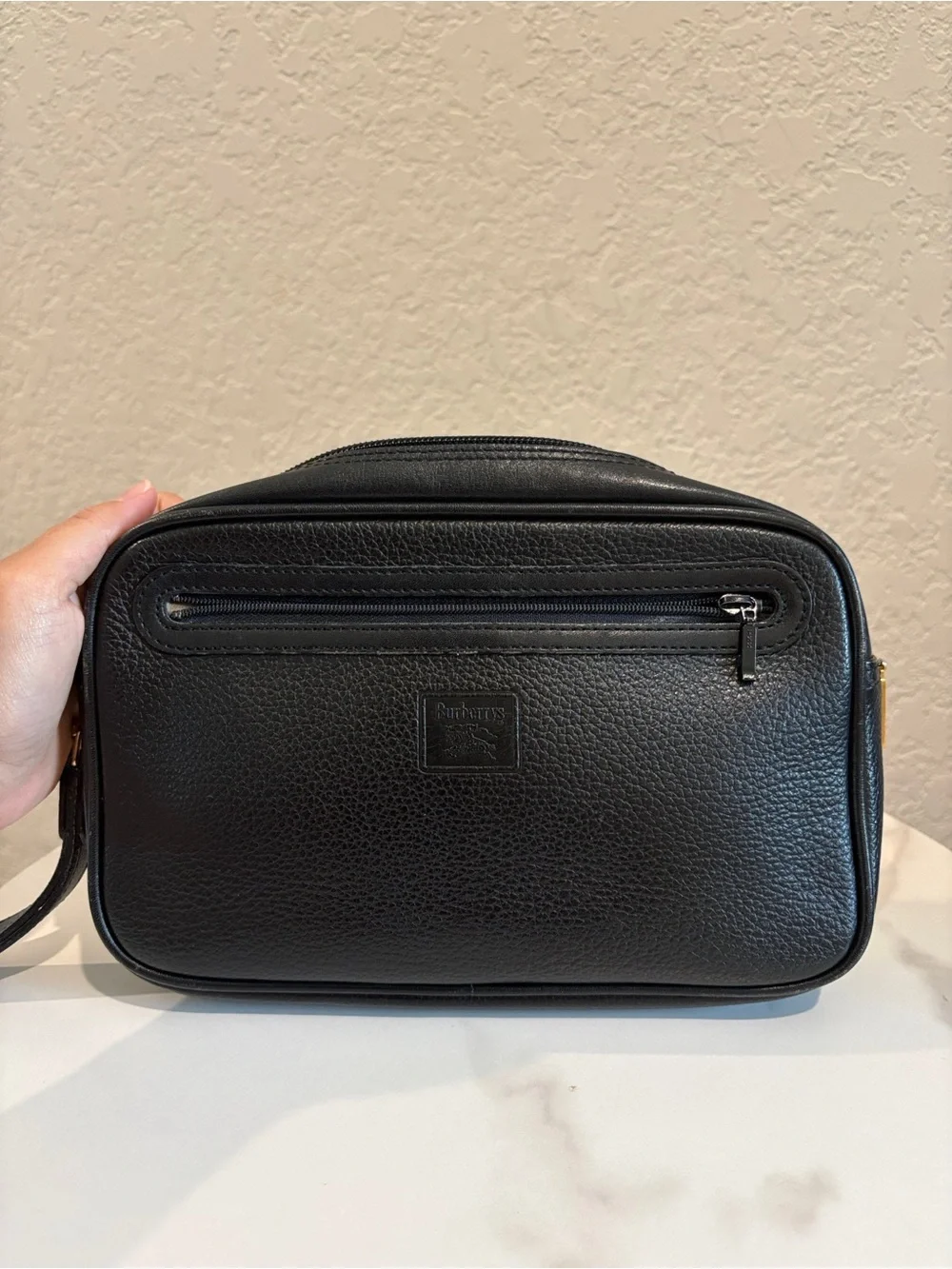 Burberry Vintage Black Pebbled Leather Toiletry Pouch with Wrist Strap
